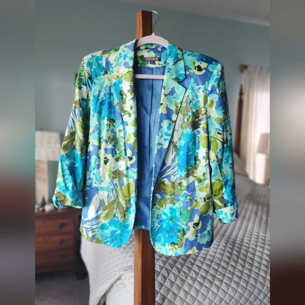 Roz & Ali Floral Blue Blazer | L | 3/4 Sleeve |